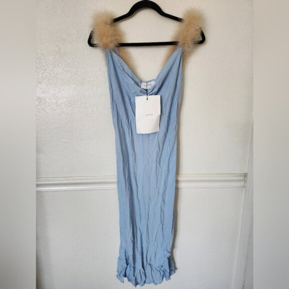 SLEEPER Voulez Vous Dancer Dress Small Baby Blue Slip Dress Feather Straps - Picture 3 of 12